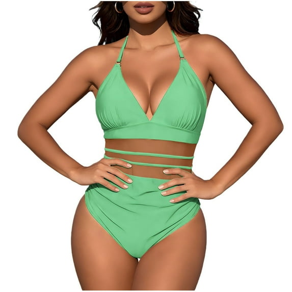 Womens Sexy Mesh V Neck One Piece Swimsuit Push Up Bathing Suit Halter Swimwear for Summer