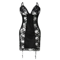 Womens Nightgown Lace Thong Backless Pajamas Translucent Chemise Sleepwear Black L