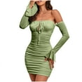 thumbnail image 1 of Womens Sexy Off Shoulder Ruched Bodycon Mini Dress Ruffle Long Sleeve Chest Lace-Up Dress Party Club Short Dresses, 1 of 7