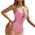 thumbnail image 1 of Womens Sexy One Piece Lace Up Straps Tummy Control Swimsuit Cut Out Bathing Suit Swimwear Backless Bikinis Pink XL, 1 of 5