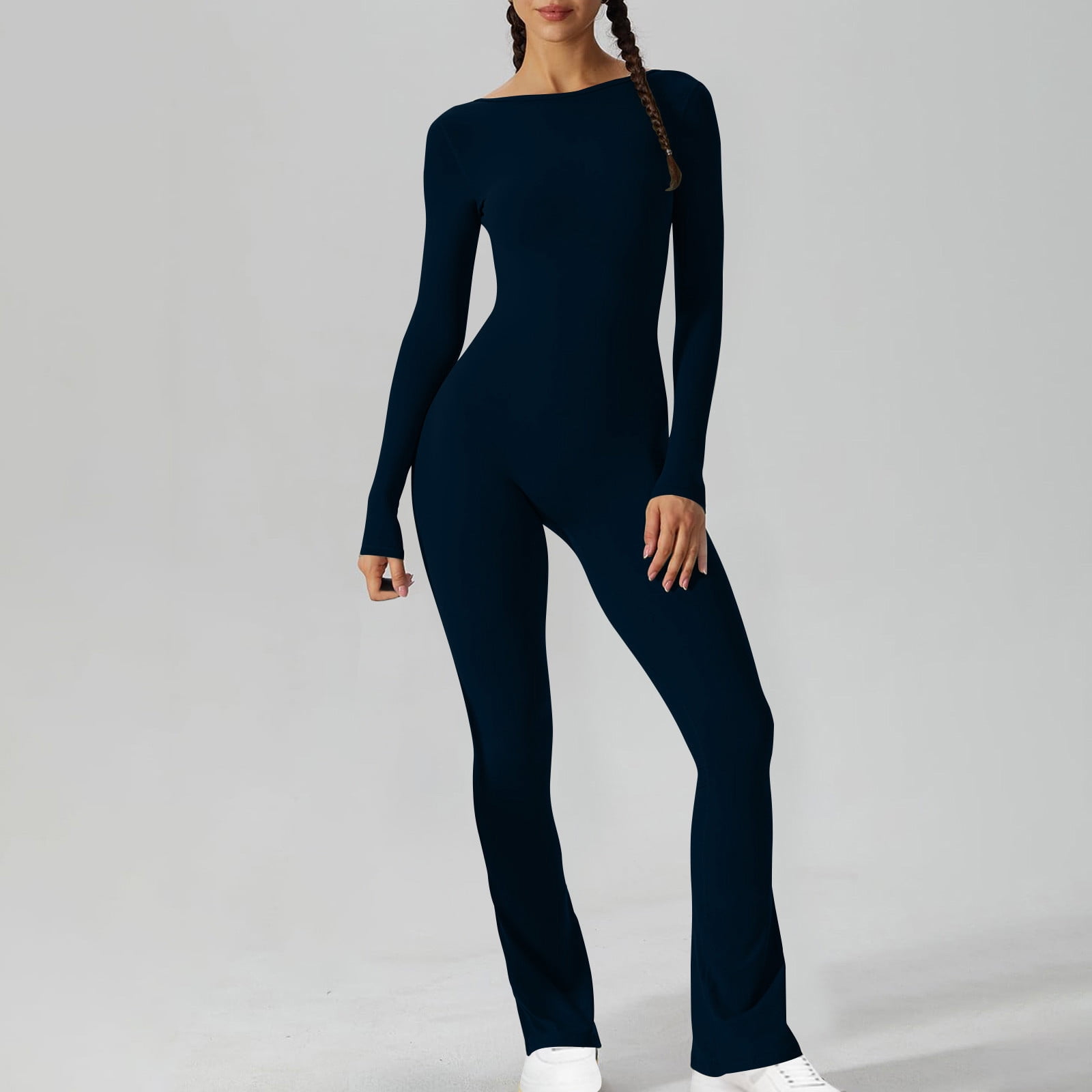 Womens Sexy Open Back Jumpsuits Long Sleeve Flared Bottom Pants 2023