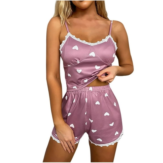 Womens Sexy Pajama Sets Ribbed Knit Sleepwear Lace Cami Shorts Pj Set