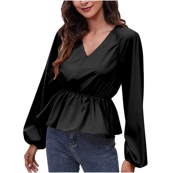 Womens Sexy Peplum Tops V Neck Lantern Long Sleeve Blouses Fashion Shirts Trendy Plaid Floral Print T Shirt Top