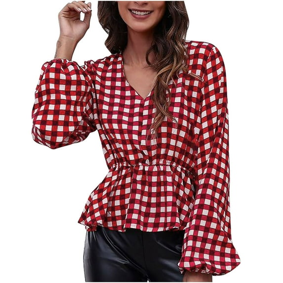 Womens Sexy Peplum Tops V Neck Lantern Long Sleeve Blouses Fashion Shirts Trendy Plaid Floral Print T Shirt Top