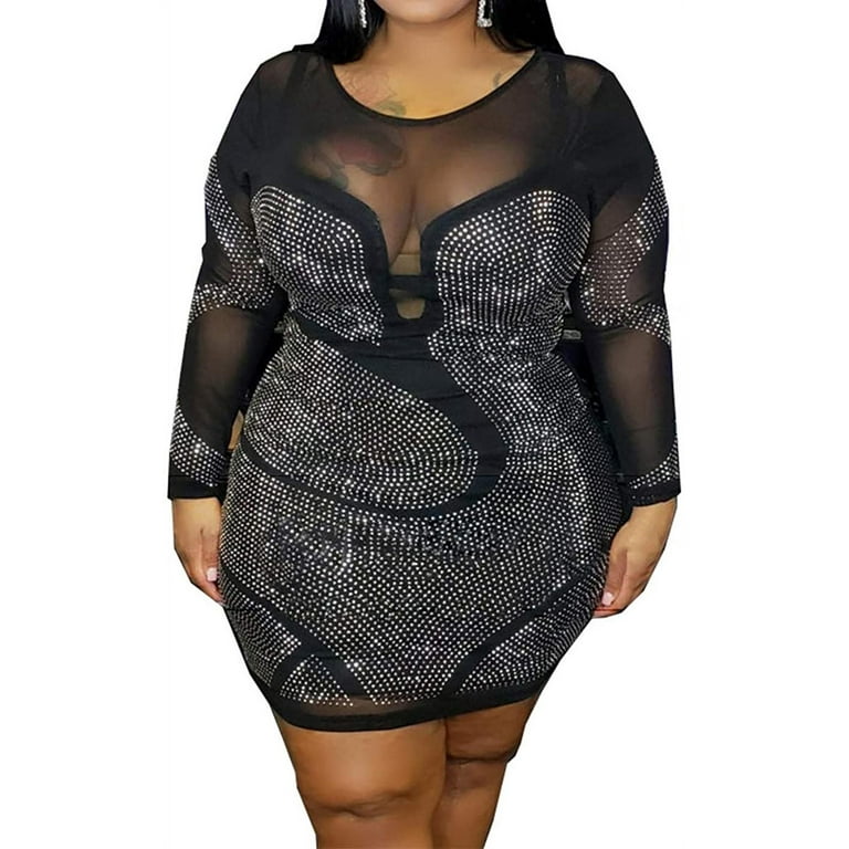 Womens Sexy Plus Size Long Sleeve Rhinestone Mesh See Through Bodycon Party  Club Mini Dress Clubwear 