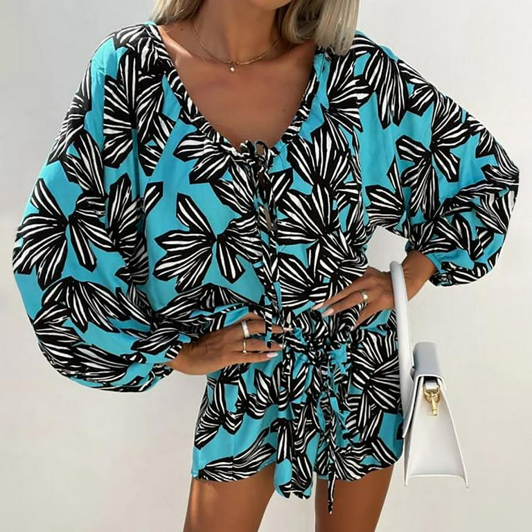 Womens Sexy Romper Wrap Cutout V Neck Baggy Sleeve Tropical Print Short  Jumpsuit with Belt for Women Summer Vacation 
