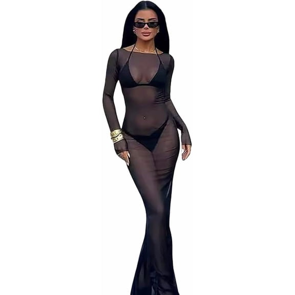 Womens Sexy See-Through Mesh Transparent Off Shoulder Dresses for Women Bodycon Sheer Club Cover Up Maxi Long Sleeve Bodysuit