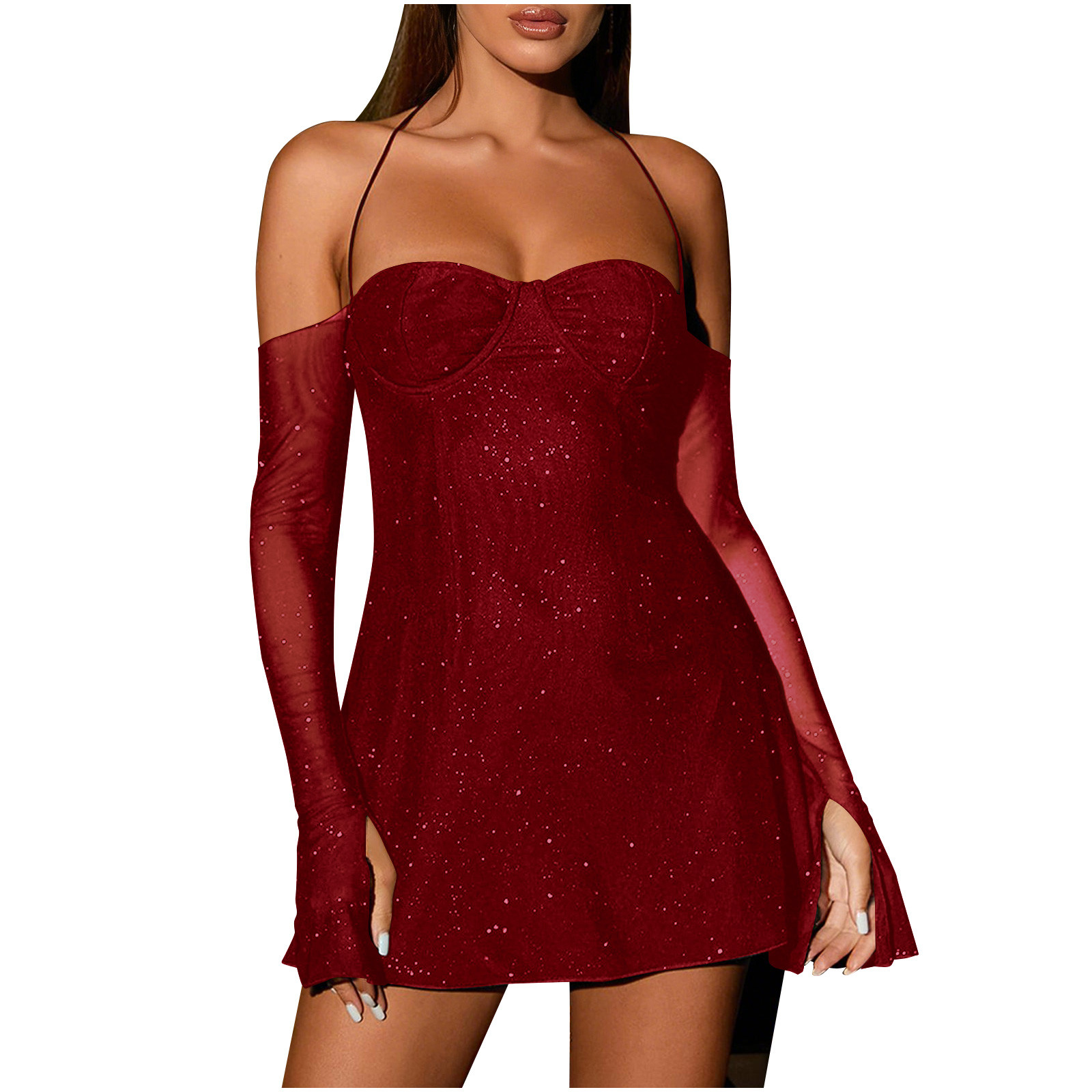 Womens Sexy Sequin Sparkly Glitter Dress Off Shoulder Long Sleeve Cocktail Evening Party Mini Dress Party Club Dresses