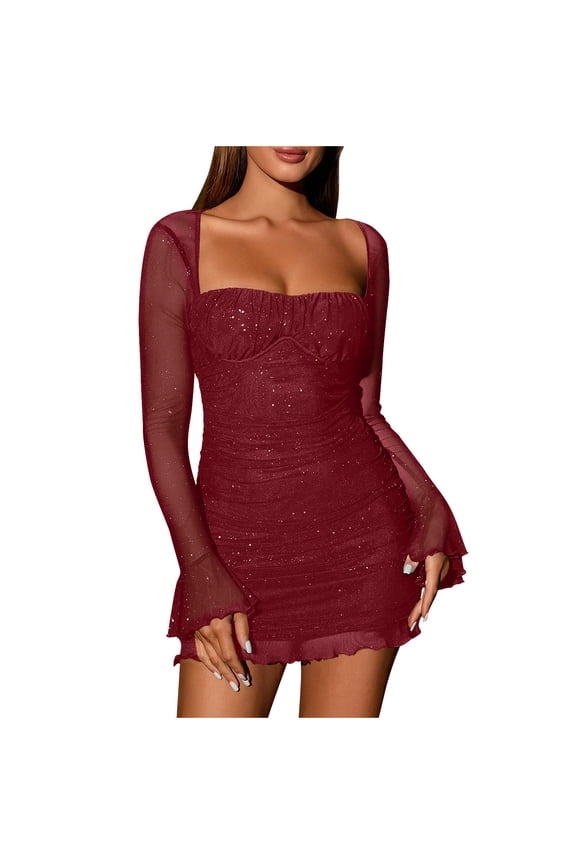 Womens Sexy Sequin Sparkly Glitter Dress Off Shoulder Long Sleeve Cocktail Evening Party Mini Dress Party Club Dresses
