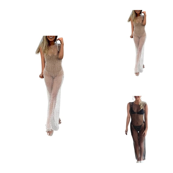 Womens Sexy Sheer Lace Mesh Maxi Dress with Rhinestone & Pearl Beading Sleeveless See-Through Summer Beach Cover Up
