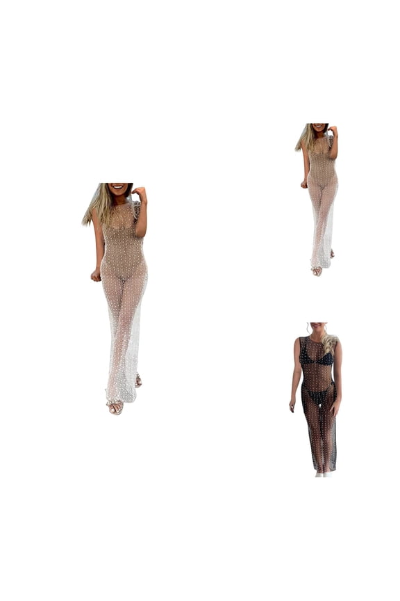 Womens Sexy Sheer Lace Mesh Maxi Dress with Rhinestone & Pearl Beading Sleeveless See-Through Summer Beach Cover Up