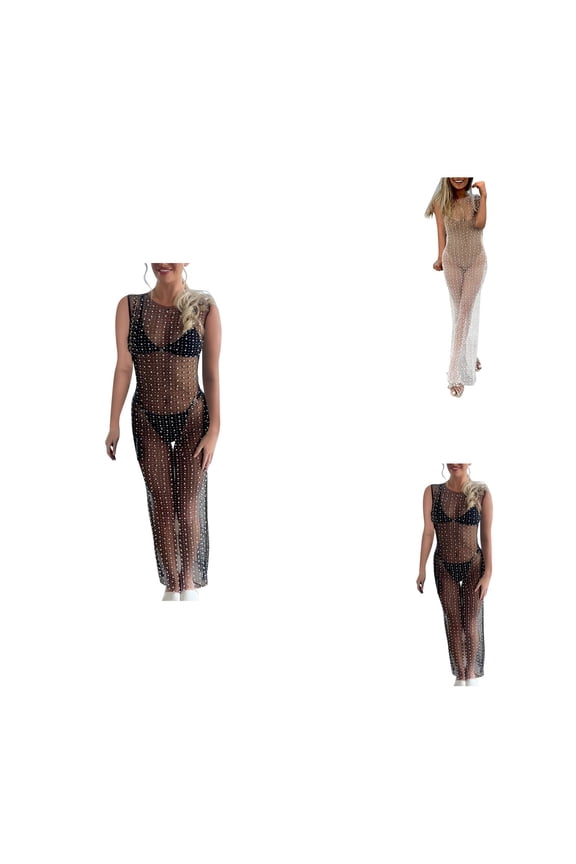 Womens Sexy Sheer Lace Mesh Maxi Dress with Rhinestone & Pearl Beading Sleeveless See-Through Summer Beach Cover Up