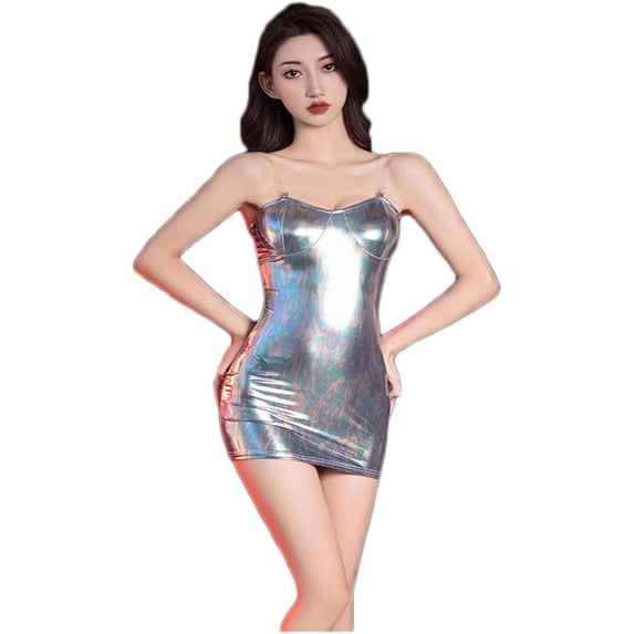 Womens Sexy Shiny Metallic Sleeveless Bodycon Mini Dress Spaghetti Strap Slip Dress Party Club Mini Dress Silver
