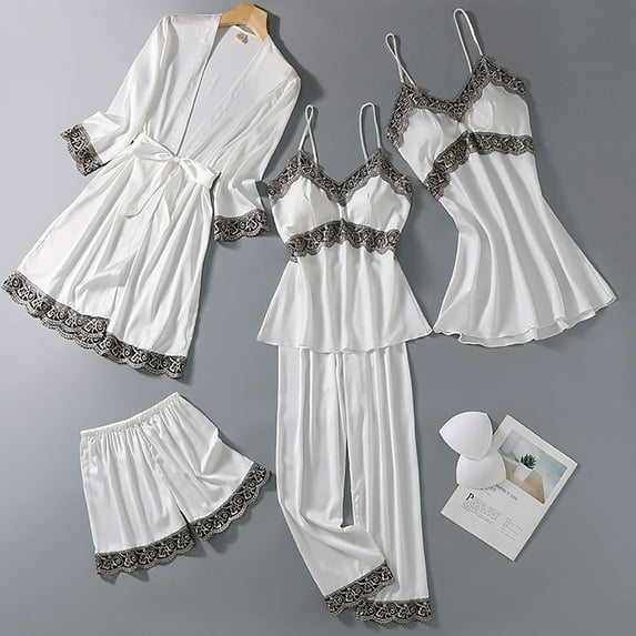 Womens Sexy Silk Pajamas Sets Robes Nightgowns Tank Tops Shorts Pants 5 Piece Loungewear Outfits Ladies Satin Lace Splice Sleepwear Suit Set Clearance Christmas Pajamas