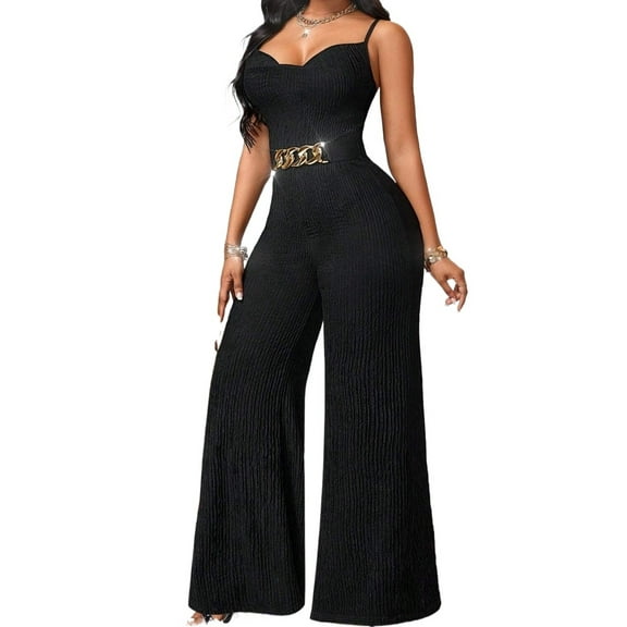 Womens Sexy Sleeveless Metal Waist Belted Wide Leg Colorblock Jumpsuit, Summer Overall Romper For Women