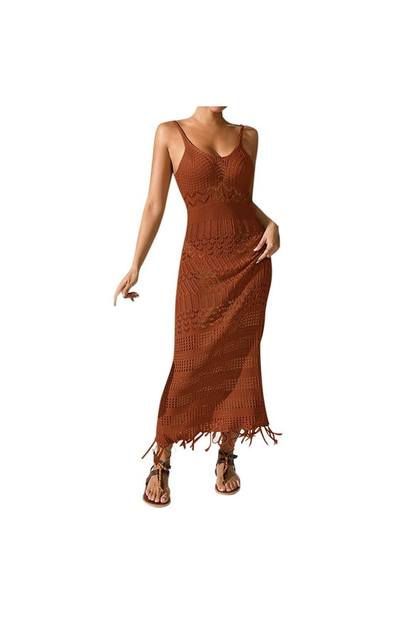 Womens Sexy Solid Color Knitted V-Neck Halter Maxi Dress Slim Fit Bodycon Beach Vacation Dress with Fringe Tassel Detail