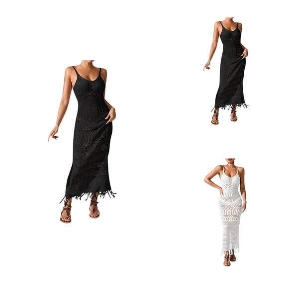 Womens Sexy Solid Color Knitted V-Neck Halter Maxi Dress Slim Fit Bodycon Beach Vacation Dress with Fringe Tassel Detail