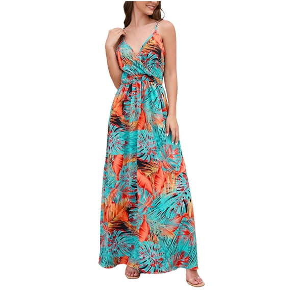 Womens Sexy Spaghetti Strap Wrap V Neck Floral Boho Criss Cross Backless Chiffon Beach Party Long Maxi Dress