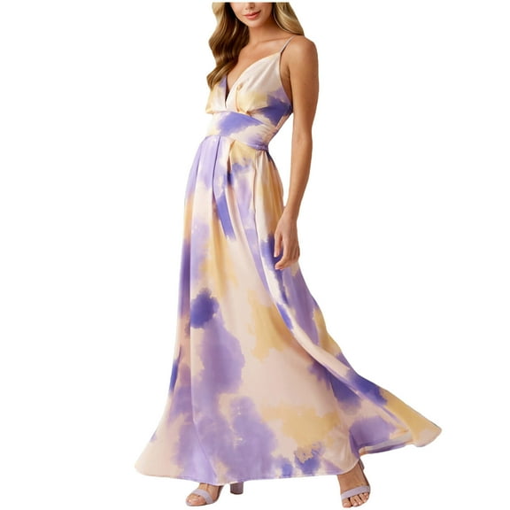 Womens Sexy Spaghetti Strap Wrap V Neck Floral Boho Criss Cross Backless Chiffon Beach Party Long Maxi Dress