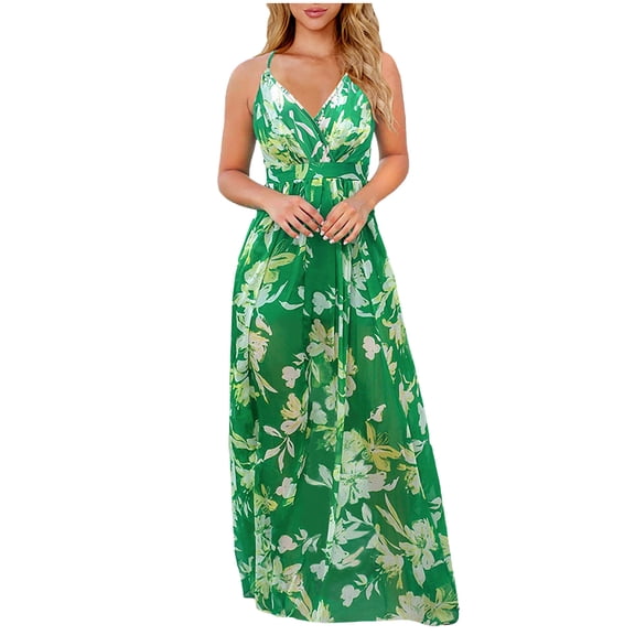 Womens Sexy Spaghetti Strap Wrap V Neck Floral Boho Criss Cross Backless Chiffon Beach Party Long Maxi Dress