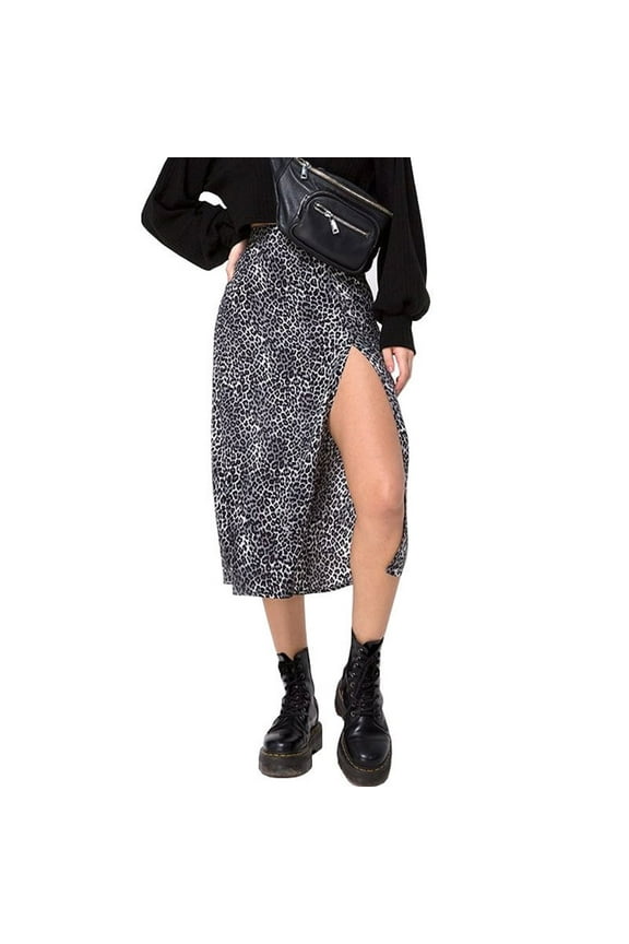 Womens Sexy Split Skirt Leopard Print High Low Split A Line Midi Skirt High Waist Elasticized Wrap Skirts