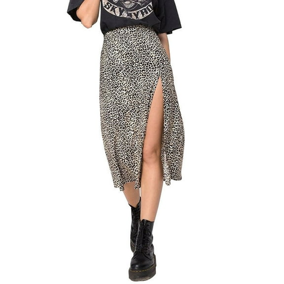 Womens Sexy Split Skirt Leopard Print High Low Split A Line Midi Skirt High Waist Elasticized Wrap Skirts