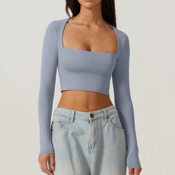 Womens Sexy Square Neck Open Umbilical Top Long Sleeve Slim Fit Short T Shirt Heated Long Sleeve Shirt Women Warm Thermal Underwear for Women Thermal Shirts for Men Pack Mens Tops Thermal Top Women