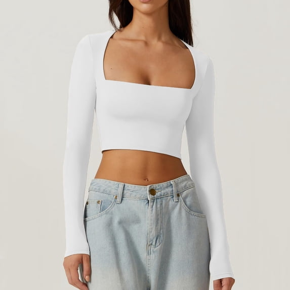 Womens Sexy Square Neck Open Umbilical Top Long Sleeve Slim Fit Short T Shirt Heated Long Sleeve Shirt Women Warm Thermal Underwear for Women Thermal Shirts for Men Pack Mens Tops Thermal Top Women
