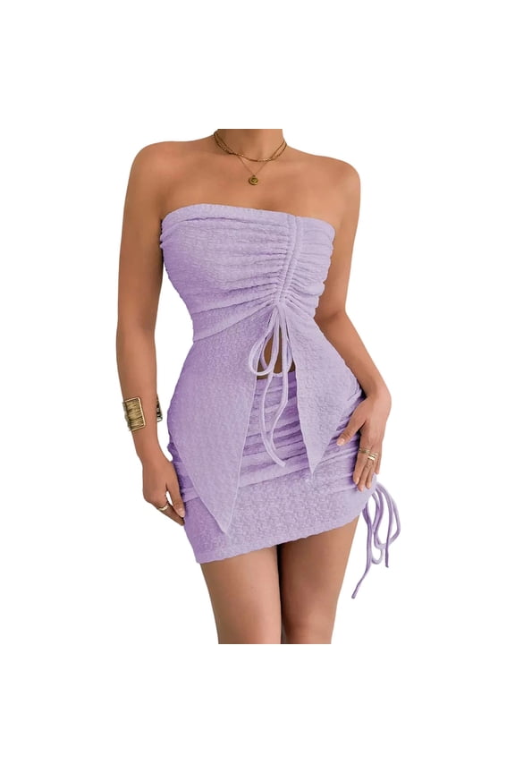 Womens Sexy Strapless Tube Top & Ruched Drawstring Mini Skirt 2 Piece Outfit Cutout Bodycon Club Party Nightout Summer Set