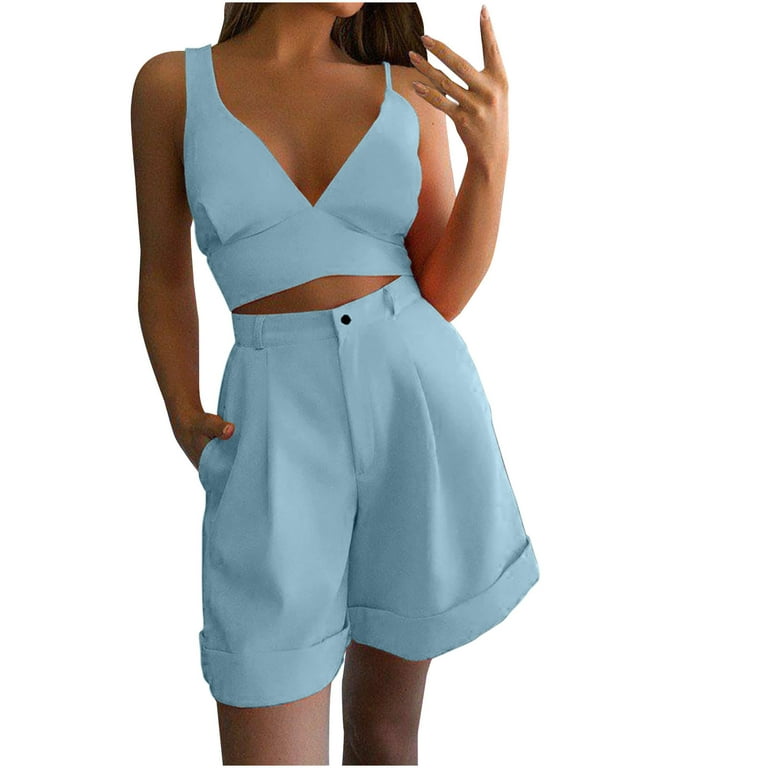 Women's Casual Two Piece Outfits With Pockets Summer Sleeveless