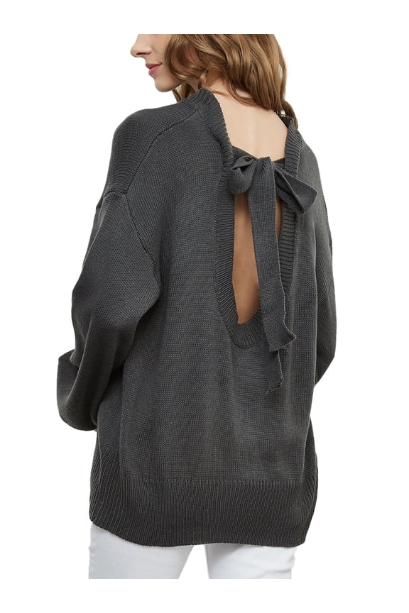 Womens Sexy Sweaters Backless Long Sleeve Sweater Solid Loose Knitted Comfy Soft Pullover Jumper Top,Grey,Large