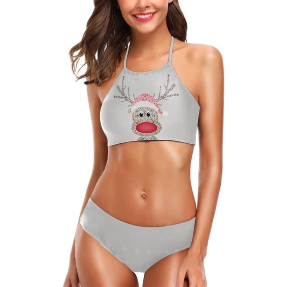 Womens Sexy Swimwear Christmas Cute Reindeer 2 Pcs Push-up Halter Tie Swimsuit/Bathing/Bikini Set, Small