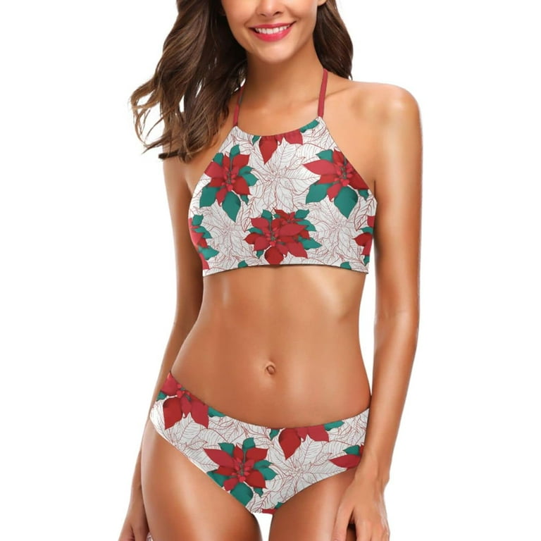 Womens Sexy Swimwear Winter Poinsettia Christmas 2 Pcs Push up Halter Tie Swimsuit Bathing Bikini Set Medium