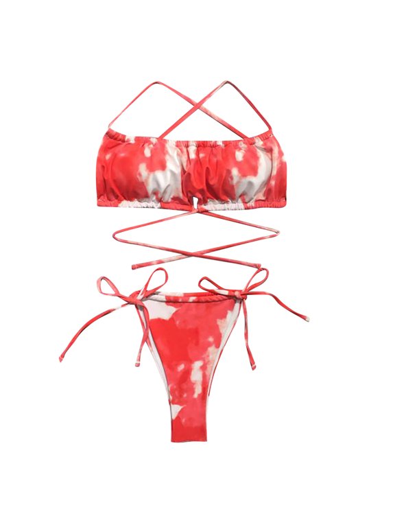 Womens Sexy Thong Bikini Set Swimsuit Tie Dye Bandeau 2 Piece Ruched Bathing Suit Tie Side Bikini Bottoms Swimwear
