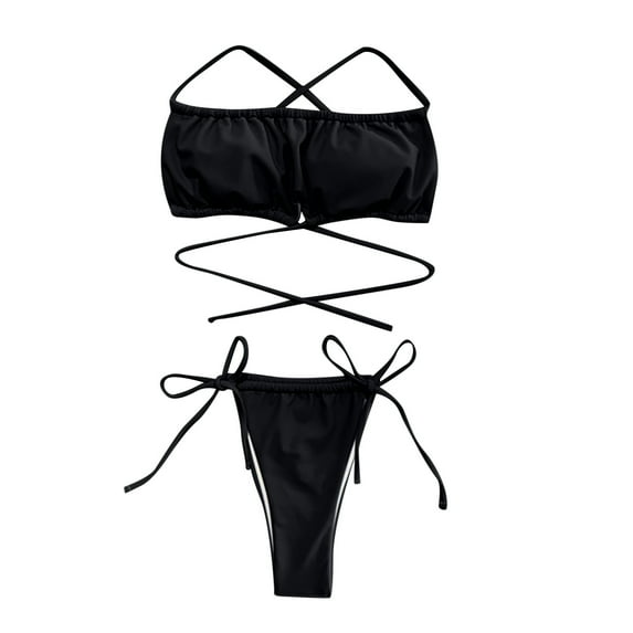 Womens Sexy Thong Bikini Set Swimsuit Tie Dye Bandeau 2 Piece Ruched Bathing Suit Tie Side Bikini Bottoms Swimwear