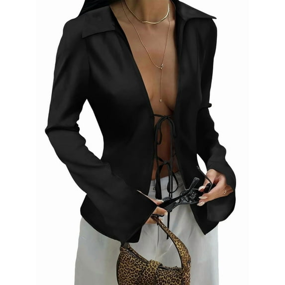 Womens Sexy- Tie Front Satin Shirts Deep V Neck Silk Club Tops Long Sleeve Y2k Going Out Blouse Black XL