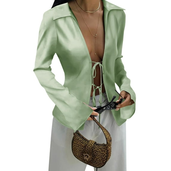 Womens Sexy Tie Front Satin Shirts Deep V Neck Silk Club Tops Long Sleeve Y2k Going Out Blouse