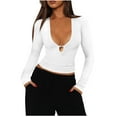 thumbnail image 1 of Womens Sexy Tops Long Sleeve Slim Fit Crop Tee Shirts Low-Cut Ribbed Knit Going Out Blouses Clubwear Outfits (XL, White), 1 of 5