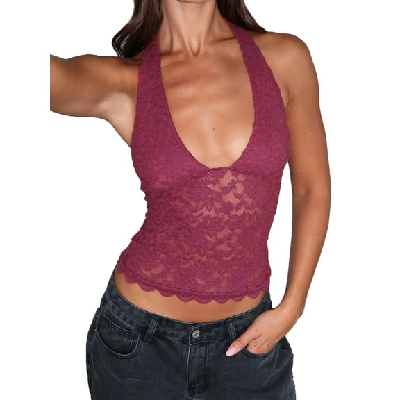 Womens Sexy V-Neck Sleeveless Halter Cami Tops Going Out Y2K Trendy Lace Cropped Tank Tops