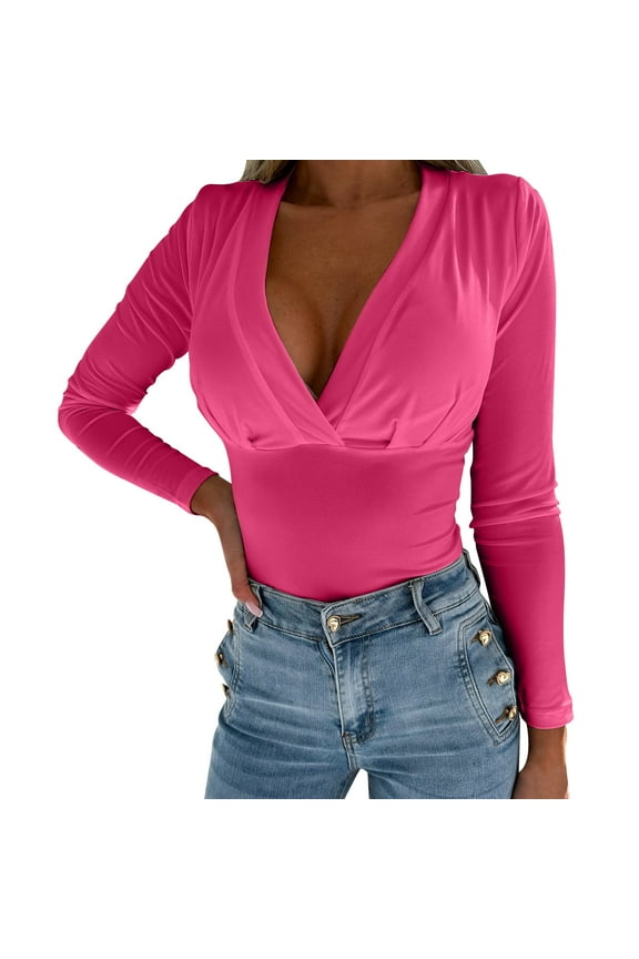 Womens Sexy Waist Tunic Tops Fashion Wrinkles Long Sleeves Deep-V Stretch Comfy T-Shirts Dance Party Base Shirts Hot Pink Medium