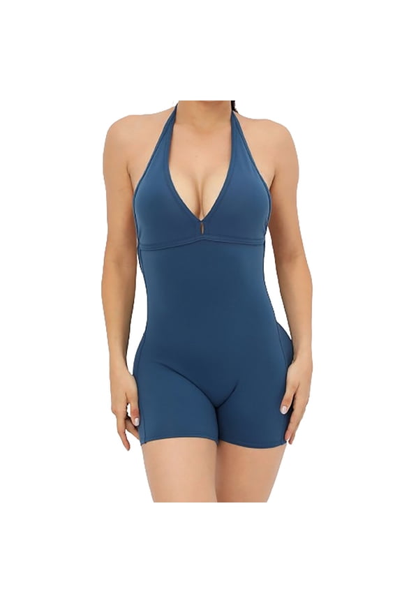 Womens Sexy Workout Rompers Halter V Neck Backless Unitard Bodysuit Shorts One Piece Gym Yoga Outfits Jumpsuits (M, Navy)