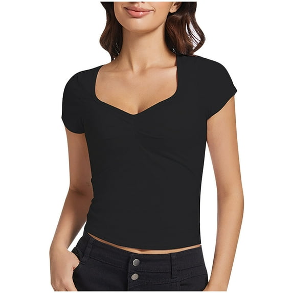 Womens Sexy Y2k Crop Tops Sweetheart Neck Short Sleeve Slim Fit Trendy Going Out Tops Cute Pleated Bustier T Shirts
