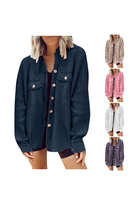 Womens Shacket Jacket Flannel Waffle Knit Oversized Button Down Shirts Fall Outfits 2024 Fashion Clothes Cardigan for Women Long Sleeve Coat