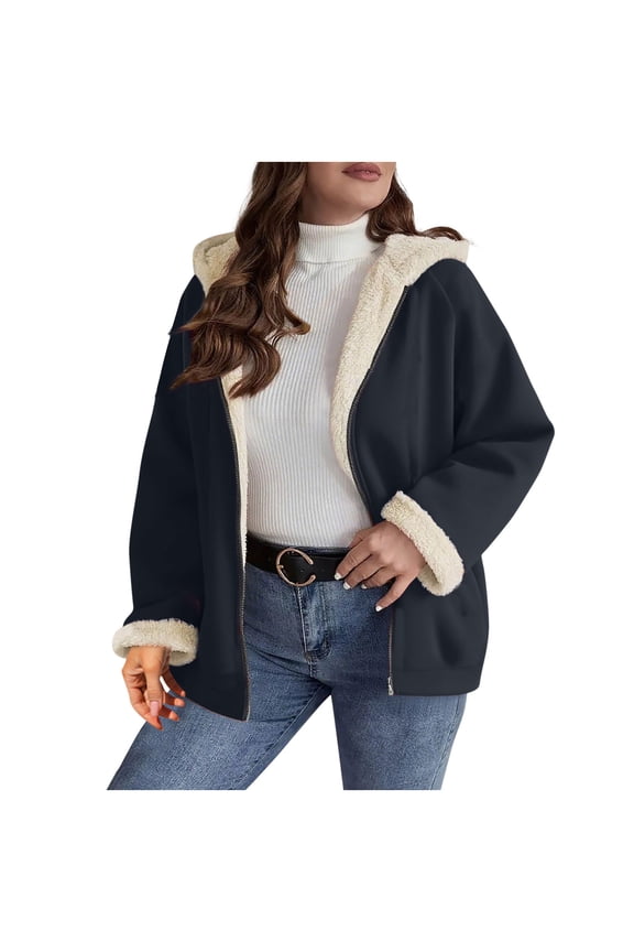 Womens Shacket Jacket Long Sleeve Fleece Hooded Jackets Fall Winter Warm Coat Navy L