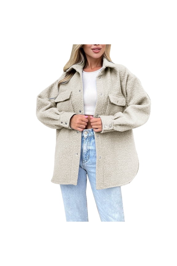 Womens Shackets Jacket Button Down Solid Shirts Long Sleeve Lapel Tops