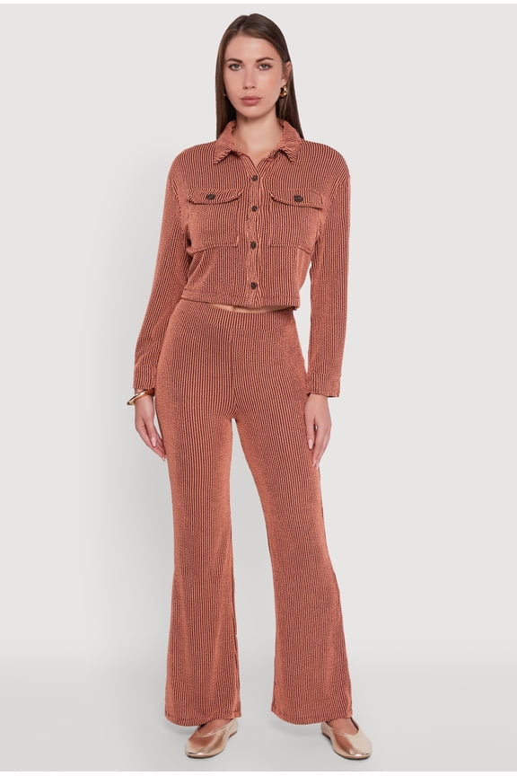 Womens Shadow Stripe Rib Knit Pull On Flare Pants