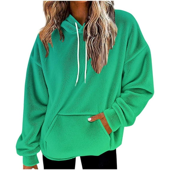 Womens Shaggy Sherpa Hoodie with Pocket Flannel Hooded Pullover Sweatshirt Gradient Color Trendy Winter Tops (M, Green)