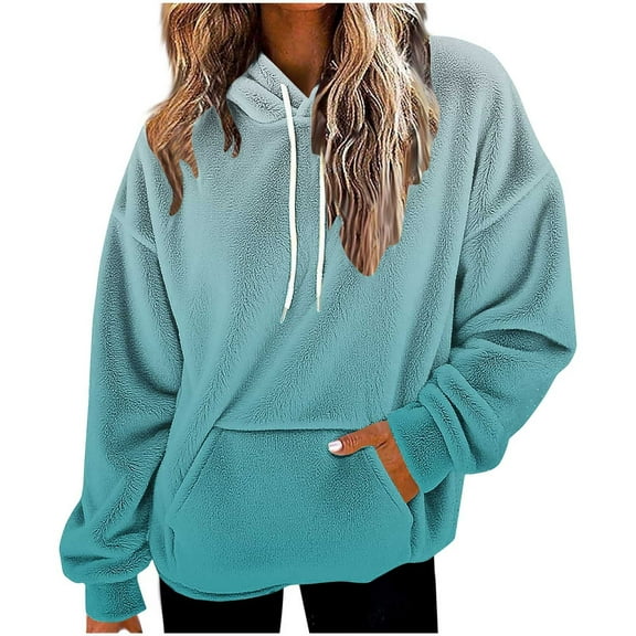 Womens Shaggy Sherpa Hoodie with Pocket Flannel Hooded Pullover Sweatshirt Gradient Color Trendy Winter Tops (XL, Sky Blue)
