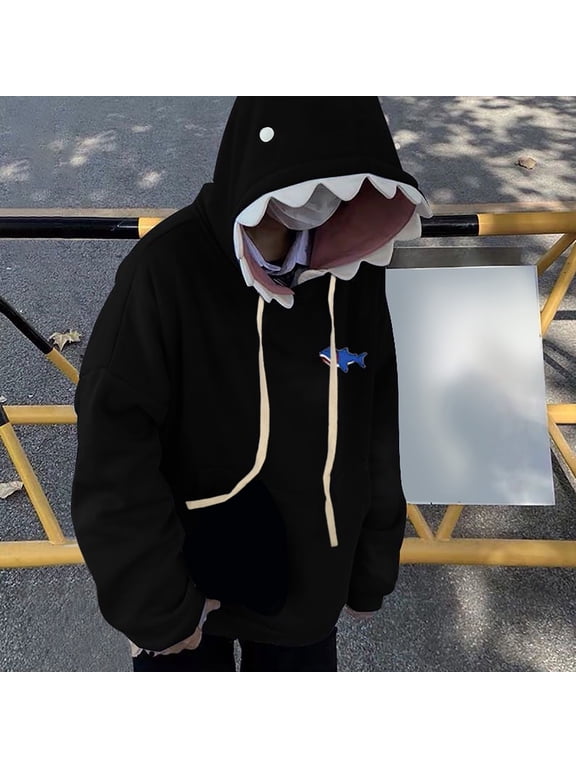 Womens Shark Face Hoodie Long Sleeve Drawstring Pullover Sweatshirt with 3D Teeth Funny Casual Sweatshirts