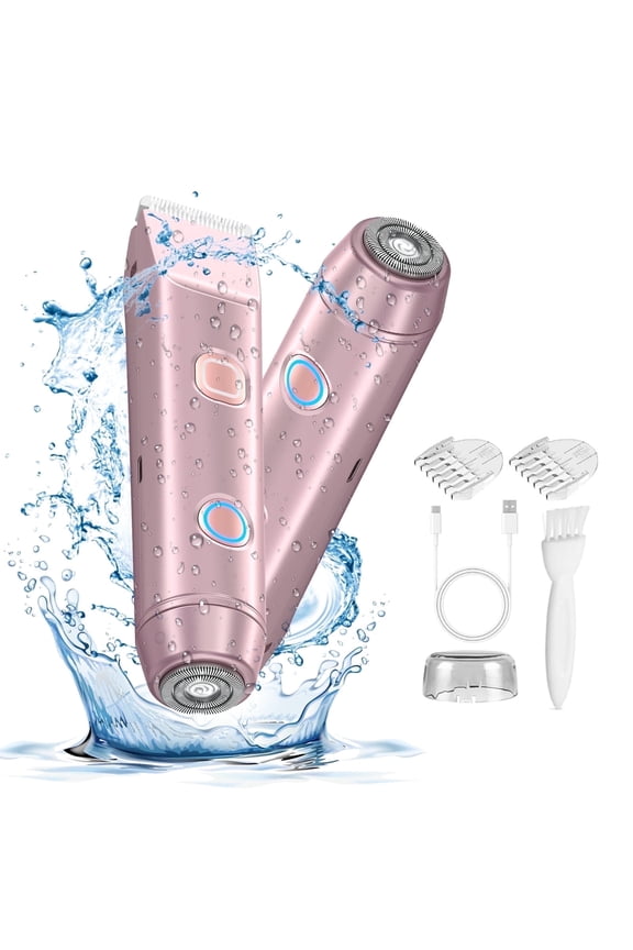 2 in 1 Bikini Trimmer for Women: Electric Razor with Dual Heads for Bikini Underarm Leg Arm Body Face Facial - Wet & Dry Use Body Hair Trimmer, Pink